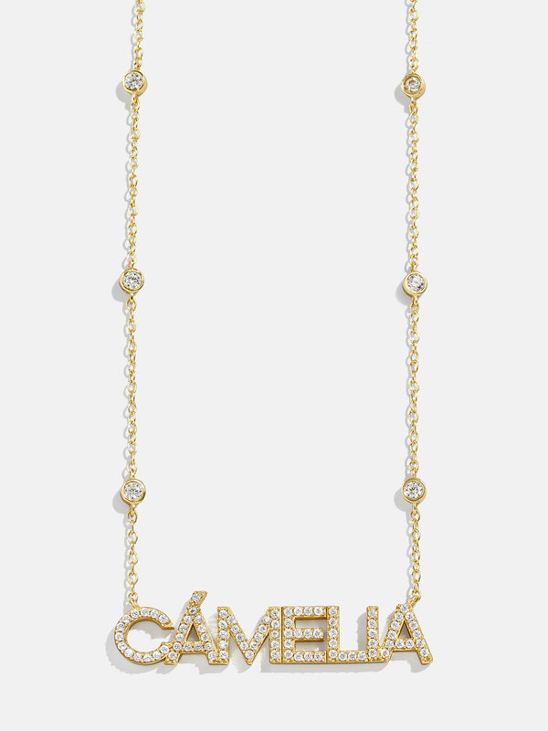 18K Gold Custom Yasmine Nameplate Necklace - Clear/Gold