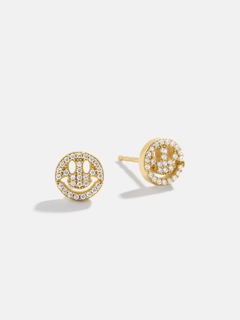 18K Gold Just For Fun Earrings - Pavé Smiley Face