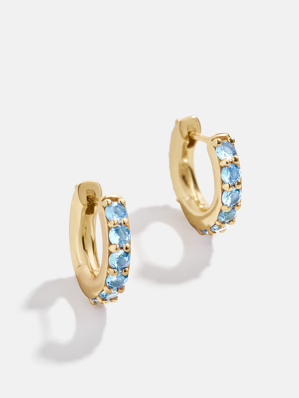18K Gold Birthstone Huggie Earrings - Aquamarine