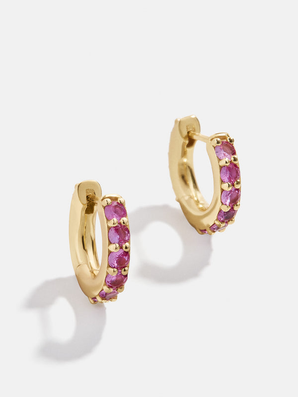 18K Gold Birthstone Huggie Earrings - Rose
