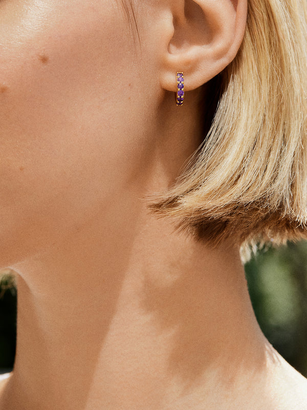 18K Gold Birthstone Huggie Earrings - Amethyst