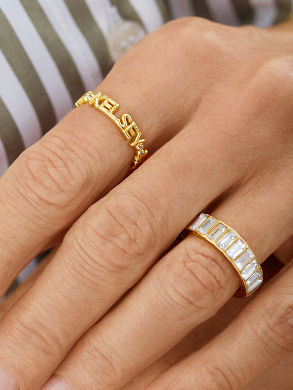 18K Gold Custom Nameplate Ring - 18K Gold Plated Sterling Silver. Pavé Cubic Zirconia Stones