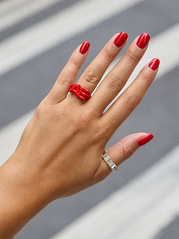 Custom Double Initial Enamel Block Ring - Red