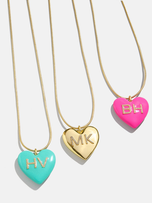 Custom Initial Enamel Heart Pendant Necklace - Hot Pink