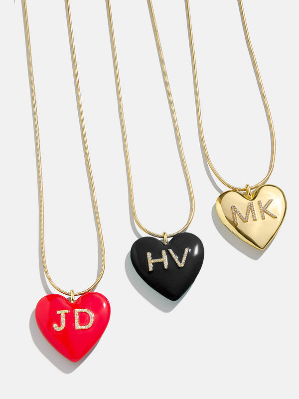 Custom Initial Enamel Heart Pendant Necklace - Black