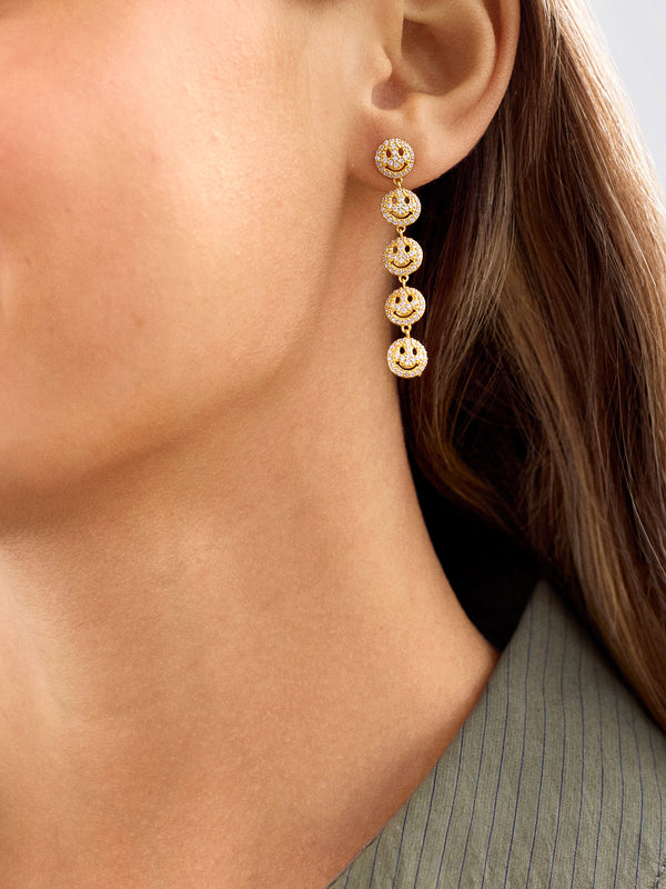 18K Gold Smiley Face Drop Earrings - Smiley