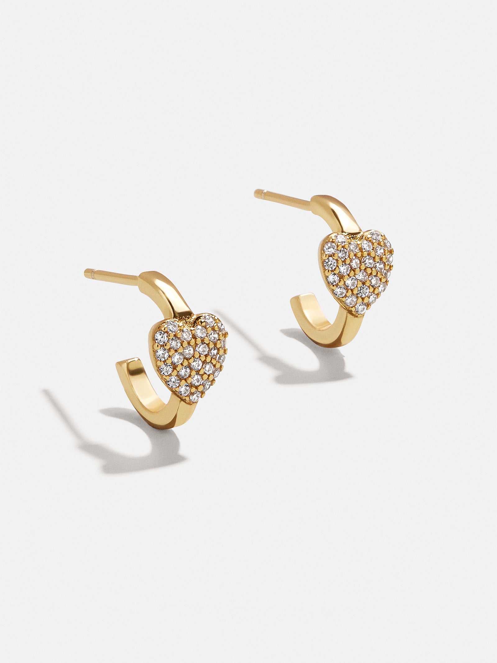 18K Gold Heart Delicate Hoop Earrings - Puffy Pavé Heart