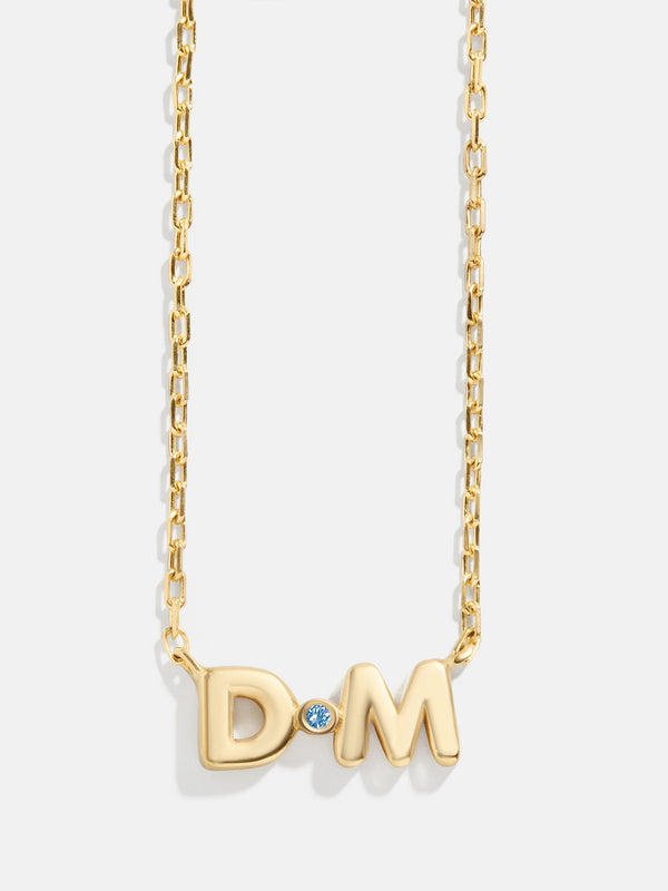 18K Gold Double Initial Birthstone Custom Necklace - Aquamarine
