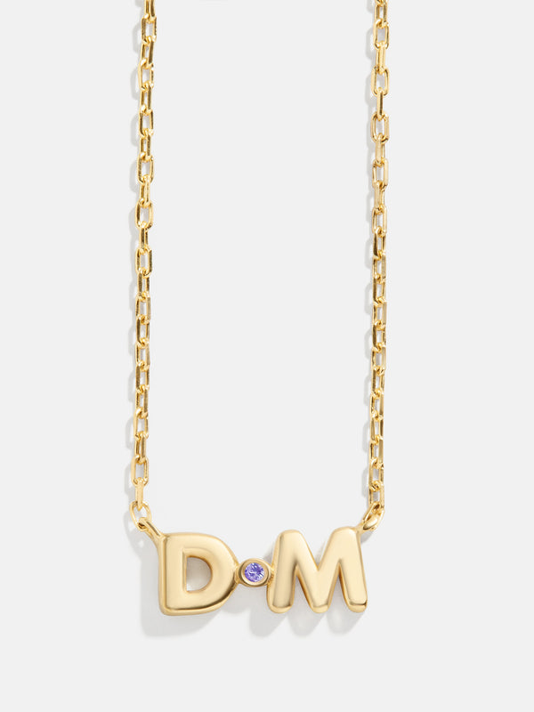 18K Gold Double Initial Birthstone Custom Necklace - Light Amethyst