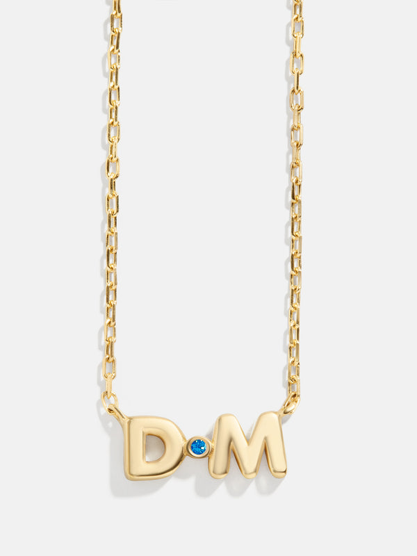 18K Gold Double Initial Birthstone Custom Necklace - Blue Zircon