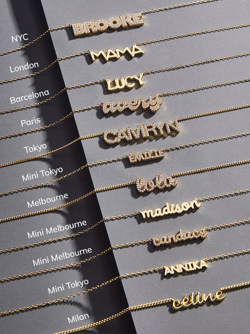 BaubleBar 18K Gold Custom Nameplate Necklace - Mini Melbourne - 
    18K Gold Plated Sterling Silver, Cubic Zirconia
  
